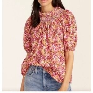 J. Crew Smocked Neck Puff-Sleeve Top Sz L Pink Faded Floral Cottagecore Ruffle